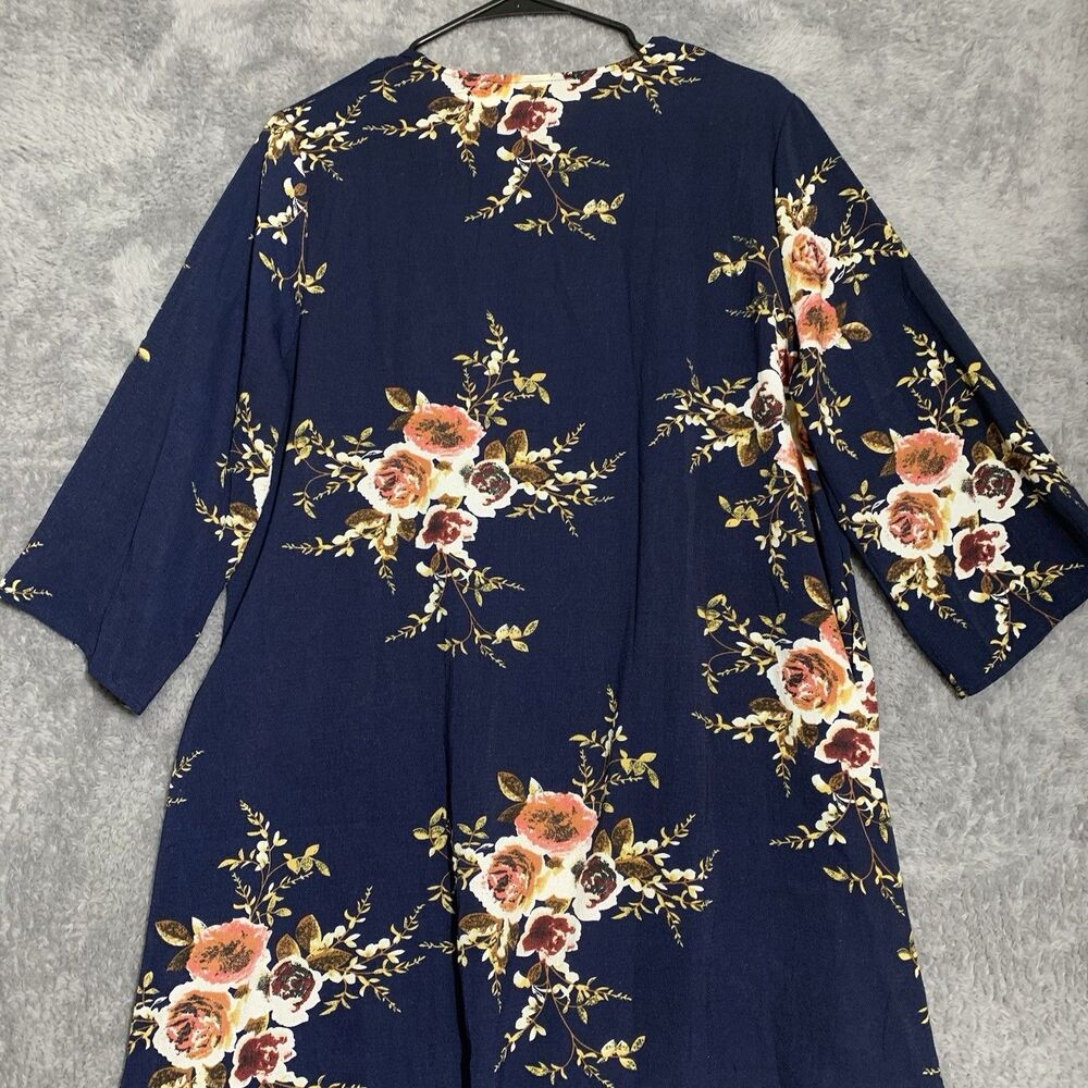 Abollria Floral Kimono Cardigan Womens MediumNavy Blue 3/4 Sleeve OpenFront Boho - Picture 7 of 7